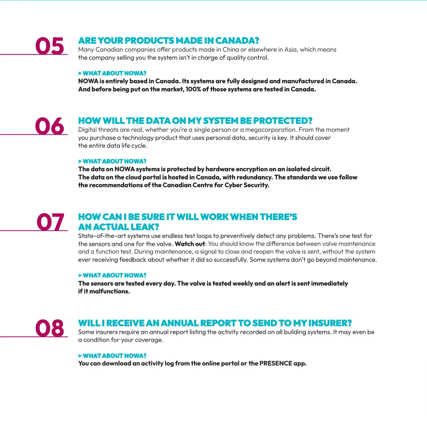 Infographic on Nowa water leak detection features and insurance compliance