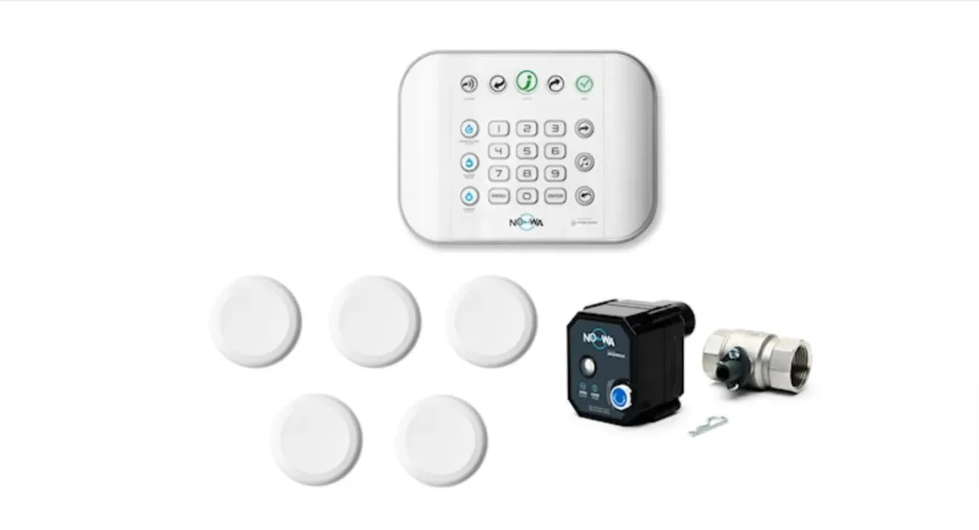 Full Leak Logic protection kit including control panel, sensors, and shutoff valve