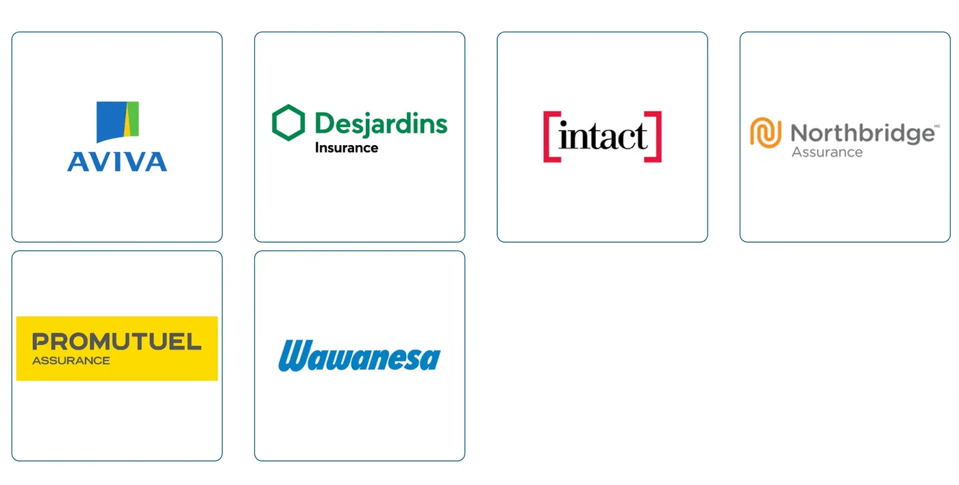 Logos of major Canadian insurance companies including Aviva, Desjardins, Intact, and Wawanesa that offer incentives for water leak detection systems.